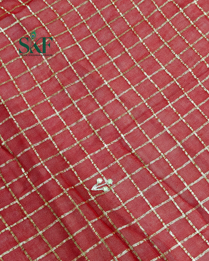 VISCOSS GEORGETTE AARI GOTTA CHEKERD SATIN BORDER WORK RED SAREE BY SKFBHOLUBHAI