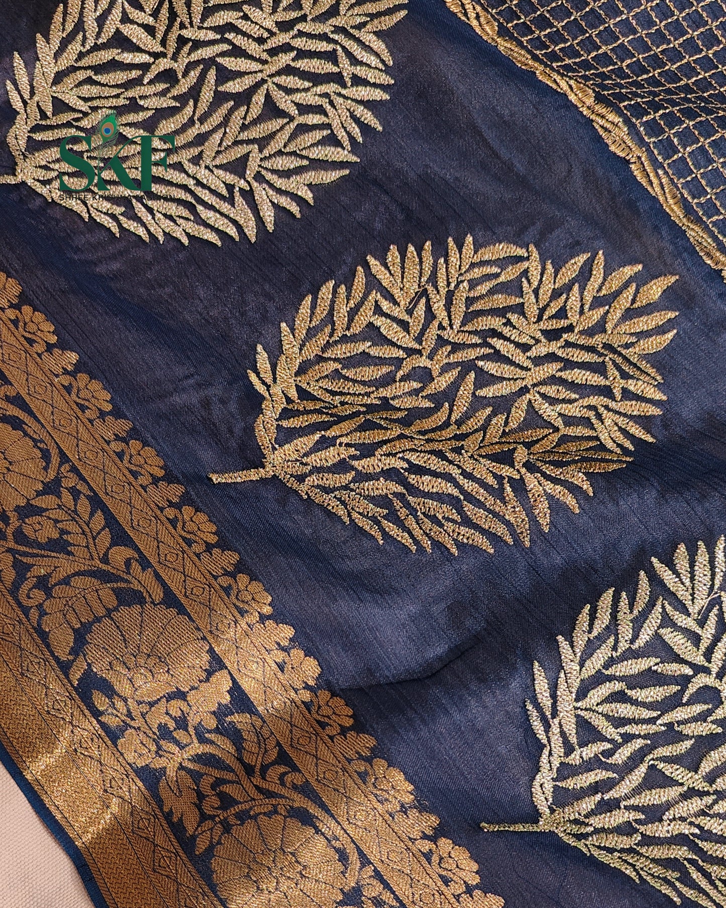 CHINON EMBROIDERY WEAVING BORDER WORK NAVYBLUE SAREE BY SKFBHOLUBHAI