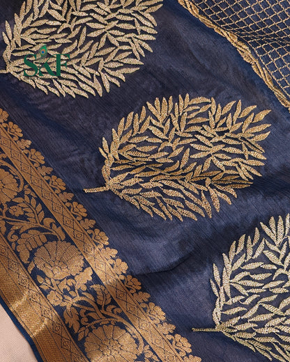 CHINON EMBROIDERY WEAVING BORDER WORK NAVYBLUE SAREE BY SKFBHOLUBHAI