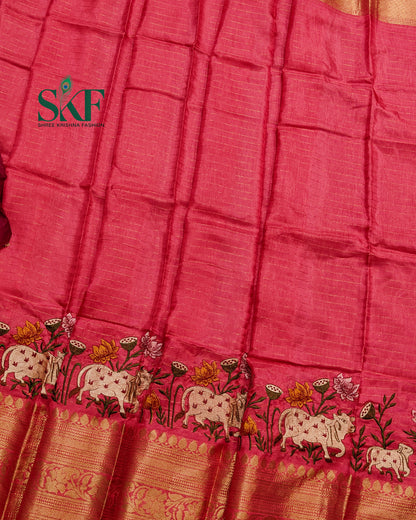 DOLA SILK MOTIF EMBROIDERY PANEL WEAVING BORDER WORK BLUSH PINK SAREE BY SKFBHOLUBHAI
