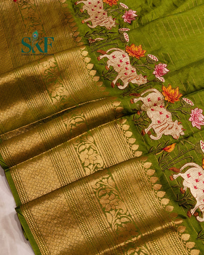 DOLA SILK MOTIF EMBROIDERY PANEL WEAVING BORDER WORK MEHNDI GREEN SAREE BY SKFBHOLUBHAI