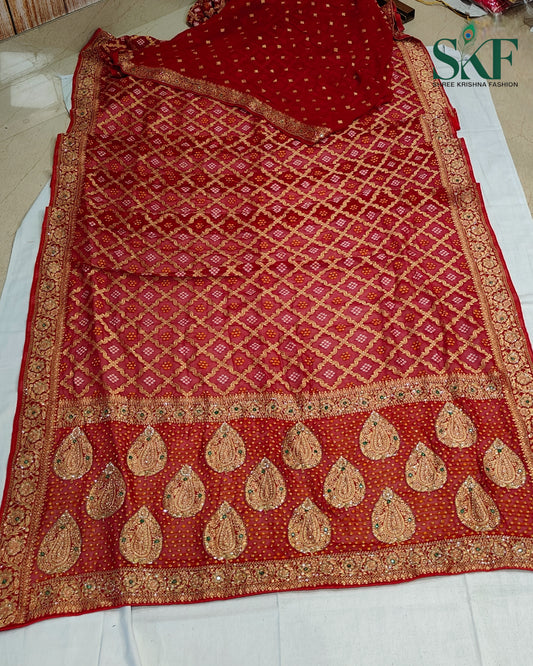 KHADI NEEM JARI GEORGETTE BHANDHANI GREEN STONE ZARDOZI HANDWORK SAREE BY SKFBHOLUBHAI