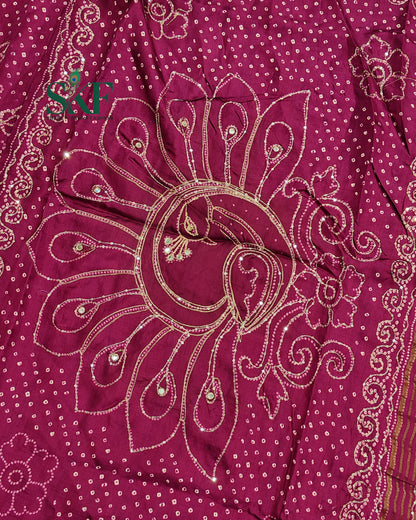 HO SILK BHANDHANI PEACOCK MOTIF AARI AND SEQUENCE WORK WINE SAREE BY SKFBHOLUBHAI