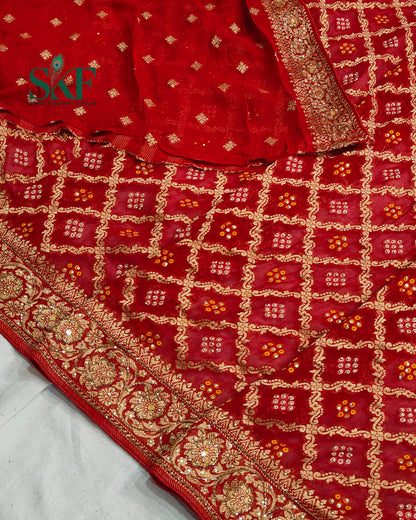 KHADI NEEM JARI GEORGETTE BHANDHANI STONE ZARDOZI HANDWORK SAREE BY SKFBHOLUBHAI