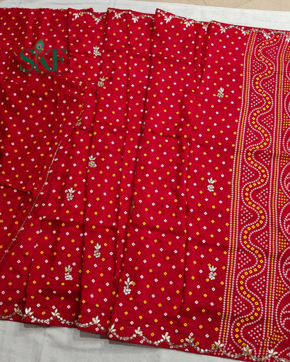 MODAL SILK BHANDHANI HANDWORK BUTTA RED SAREE BY SKFBHOLUBHAI