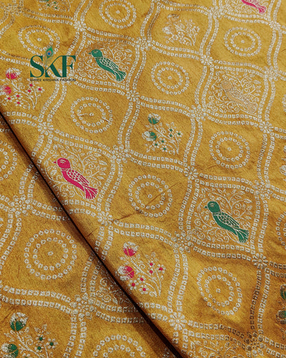 DOLA BANARSI WEAVING  BHANDHANI HEAVY WORK BORDER YELLOW SAREE BY SKFBHOLUBHAI