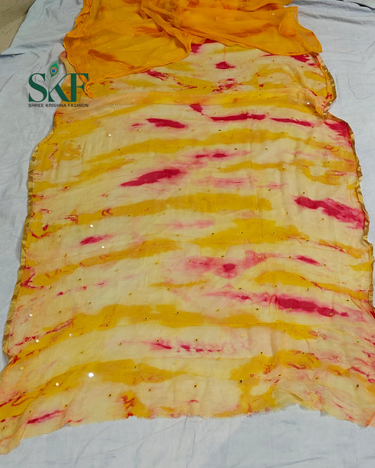 CHIFFON TIEDYE THREAD MIRROR WORK YELLOW SAREE BY SKFBHOLUBHAI