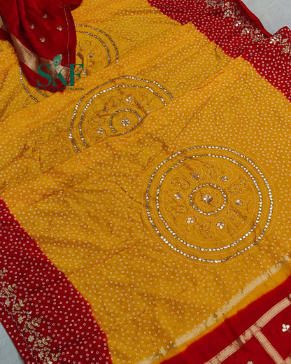 RUSSIAN SILK CHAKRA BHANDHANI GOTTA HANDWORK RED&YELLOW SAREE BY SKFBHOLUBHAI