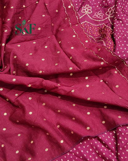 HO SILK BHANDHANI PEACOCK MOTIF AARI AND SEQUENCE WORK WINE SAREE BY SKFBHOLUBHAI