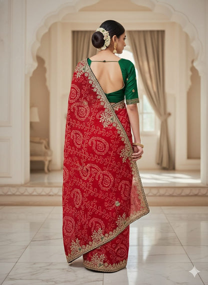 GOTAPATTI WORK WITH CONTRAST BLOUSE RAJASTHANI BANDHANI SAREE BY SKFBHOLUBHAI