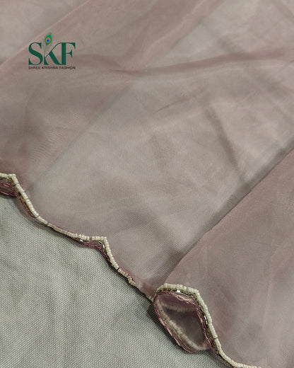 GLASS TISSUE BRUSH PRINT PERAL HANDWORK LIALAC  SAREE BY SKFBHOLUBHAI