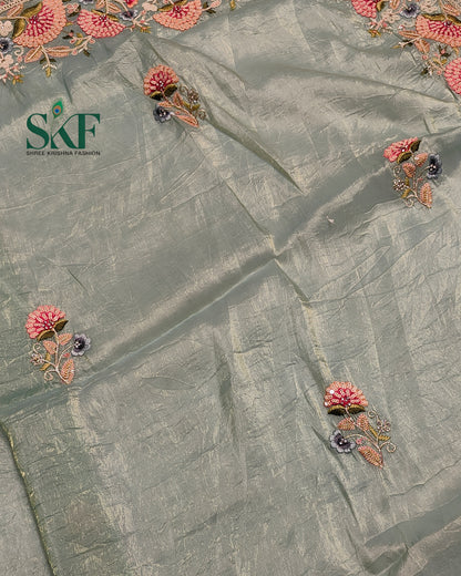 CRUSH TISSUE SIPPI SEQUENCE EMBROIDERY WORK SEEGREEN SAREE BY SKFBHOLUBHAI