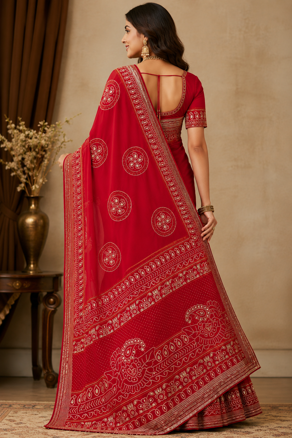 RAJASTHANI KARWACHOTH SPEICEL RED COLOUR SAREE GERMAN CHIFFON FABRIC WITH GOTA AND CUTDANA WORK BY SKFBHOLUBHAI