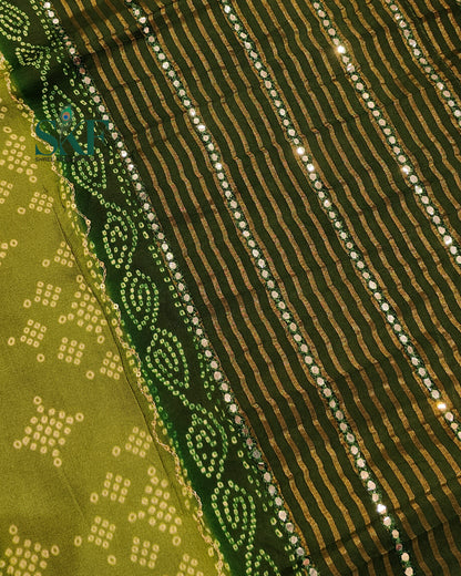 HO SILK BHANDHANI MIRROR WORK TWO TONE BOTTLE GREEN AND MEHNDI GREEN SAREE BY SKFBHOLUBHAI