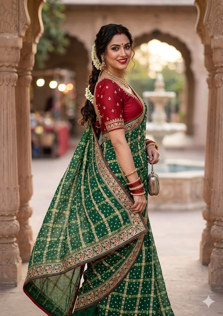 RAJASTHANI GHATCHOLA BANDHANI WITH TRADITIONAL NEEMJARI BORDER SAREE BY SKFBHOLUBHAI
