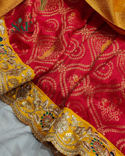 DOLA BANARSI WEAVING  BHANDHANI HEAVY WORK BORDER RED SAREE BY SKFBHOLUBHAI