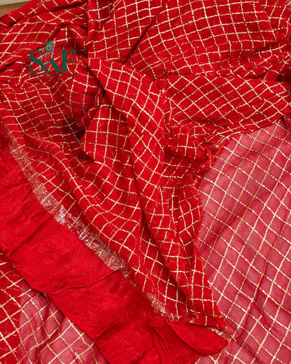 VISCOSS GEORGETTE AARI GOTTA CHEKERD SATIN BORDER WORK RED SAREE BY SKFBHOLUBHAI