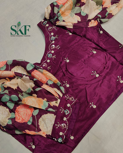 CHINON FLORAL DIGITAL PRINT HANDWORK SEEGREEN SAREE BY SKFBHOLUBHAI