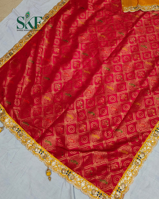 DOLA BANARSI WEAVING  BHANDHANI HEAVY WORK BORDER RED SAREE BY SKFBHOLUBHAI