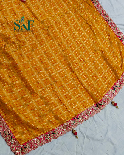 KHADI NEEM JARI GEORGETTE GHATCHOLA BHANDHANI HEAVY WORK BORDER YELLOW SAREE BY SKFBHOLUBHAI