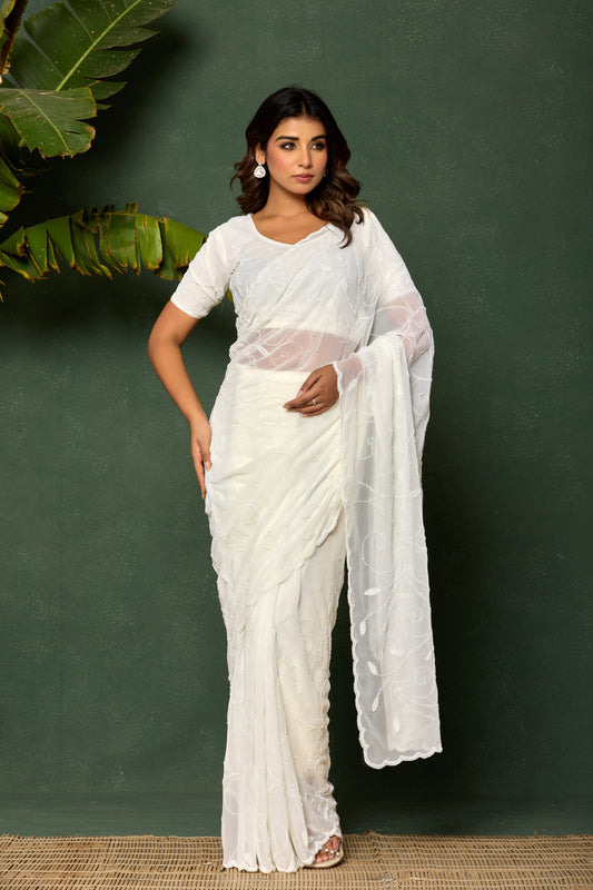 GEORGETTE KARDANA BEADS JAAL HANDWORK IVORY SAREE BY SKFBHOLUBHAI