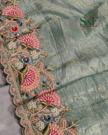CRUSH TISSUE SIPPI SEQUENCE EMBROIDERY WORK SEEGREEN SAREE BY SKFBHOLUBHAI