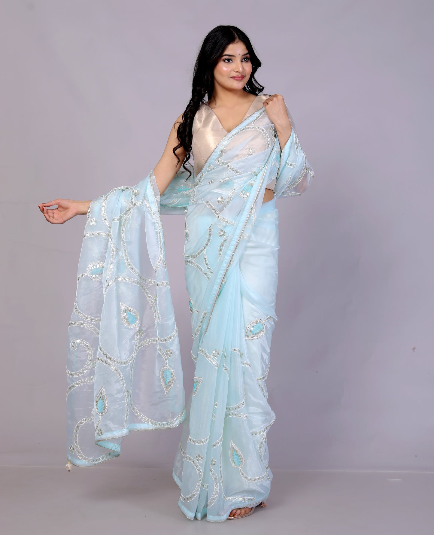GLASS TISSUE KATCHA GOTTA SEQUENCE JAAL WORK SKY BLUE SAREE BY SKFBHOLUBHAI