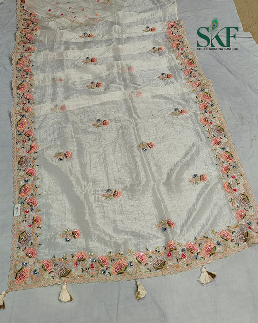 CRUSH TISSUE SIPPI SEQUENCE EMBROIDERY WORK IVORY SAREE BY SKFBHOLUBHAI