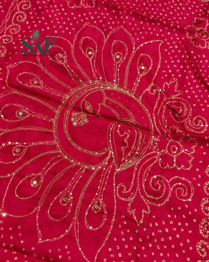 HO SILK BHANDHANI PEACOCK MOTIF AARI AND SEQUENCE WORK RANIPINK SAREE BY SKFBHOLUBHAI