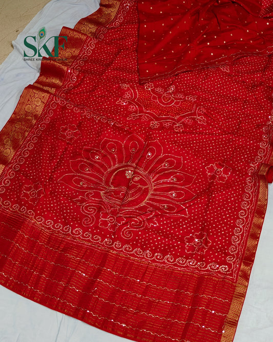 HO SILK BHANDHANI PEACOCK MOTIF AARI AND SEQUENCE WORK RED SAREE BY SKFBHOLUBHAI