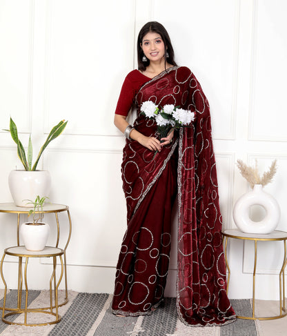 MAHROON HANDWORK FRENDY TISSUE SHIMMER SAREE