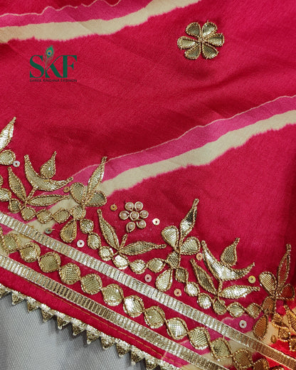 TUSSAR SILK LEHRIYA HAND GOTTA DIGITAL PRINT WORK RANI PINK SAREE BY SKFBHOLUBHAI