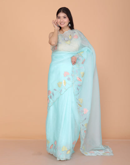 TISSUE APPLIQUE WORK DESIGNER SKY BLUE SAREE BY SKFBHOLUBHAI