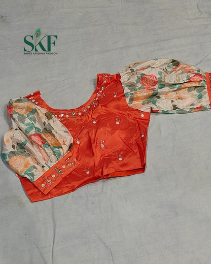 CHINON FLORAL DIGITAL PRINT HANDWORK CREAM SAREE BY SKFBHOLUBHAI
