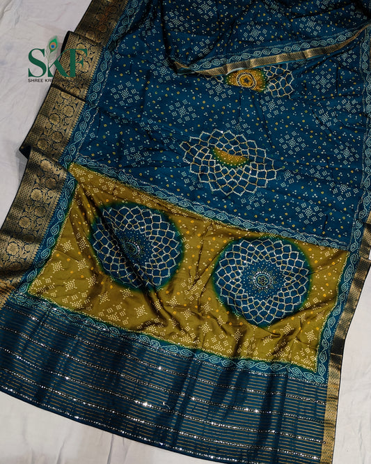 HO SILK BHANDHANI MIRROR WORK TWO TONE TEAL BLUE AND MEHNDI GREEN SAREE BY SKFBHOLUBHAI