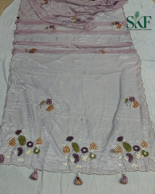 GLASS TISSUE BRUSH PRINT PERAL HANDWORK LIALAC  SAREE BY SKFBHOLUBHAI
