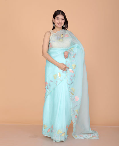 TISSUE APPLIQUE WORK DESIGNER SKY BLUE SAREE BY SKFBHOLUBHAI