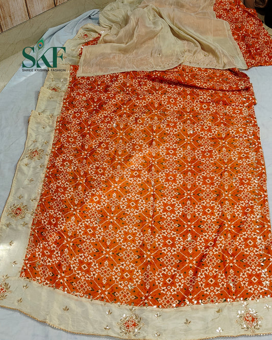 TUSSAR SILK PATOLA PRINT GOTTA HANDWORK BORDER ORANGE SAREE BY SKFBHOLUBHAI