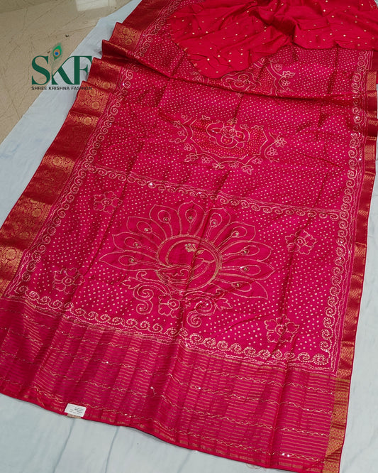 HO SILK BHANDHANI PEACOCK MOTIF AARI AND SEQUENCE WORK RANIPINK SAREE BY SKFBHOLUBHAI