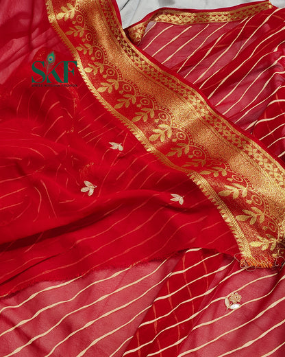 GEORGETTE LEHRIYA GOTTA HANDWORK BUTTY CHERRY RED SAREE BY SKFBHOLUBHAI