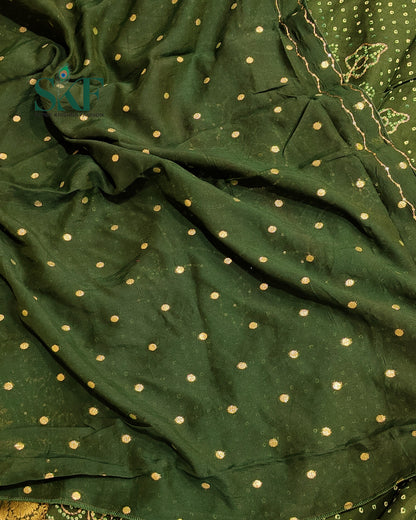 HO SILK BHANDHANI PEACOCK MOTIF AARI AND SEQUENCE WORK BOTTLE GREEN SAREE BY SKFBHOLUBHAI
