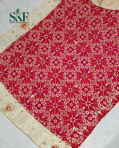 TUSSAR SILK PATOLA PRINT GOTTA HANDWORK BORDER RANI PINK SAREE BY SKFBHOLUBHAI