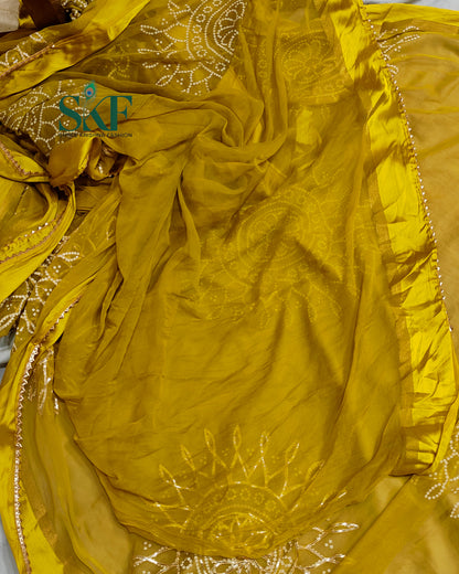 DIAMOND CHIFFON BHANDHANI KACHAGOTTA WORK MEHNDI GREEN SAREE BY SKFBHOLUBHAI