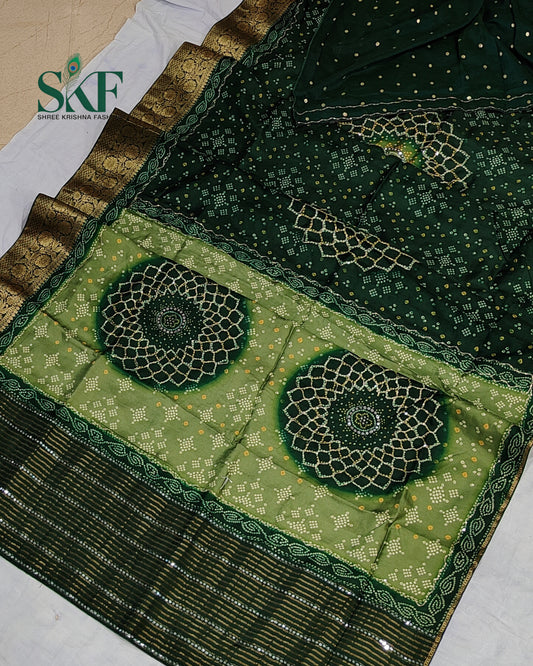 HO SILK BHANDHANI MIRROR WORK TWO TONE BOTTLE GREEN AND MEHNDI GREEN SAREE BY SKFBHOLUBHAI