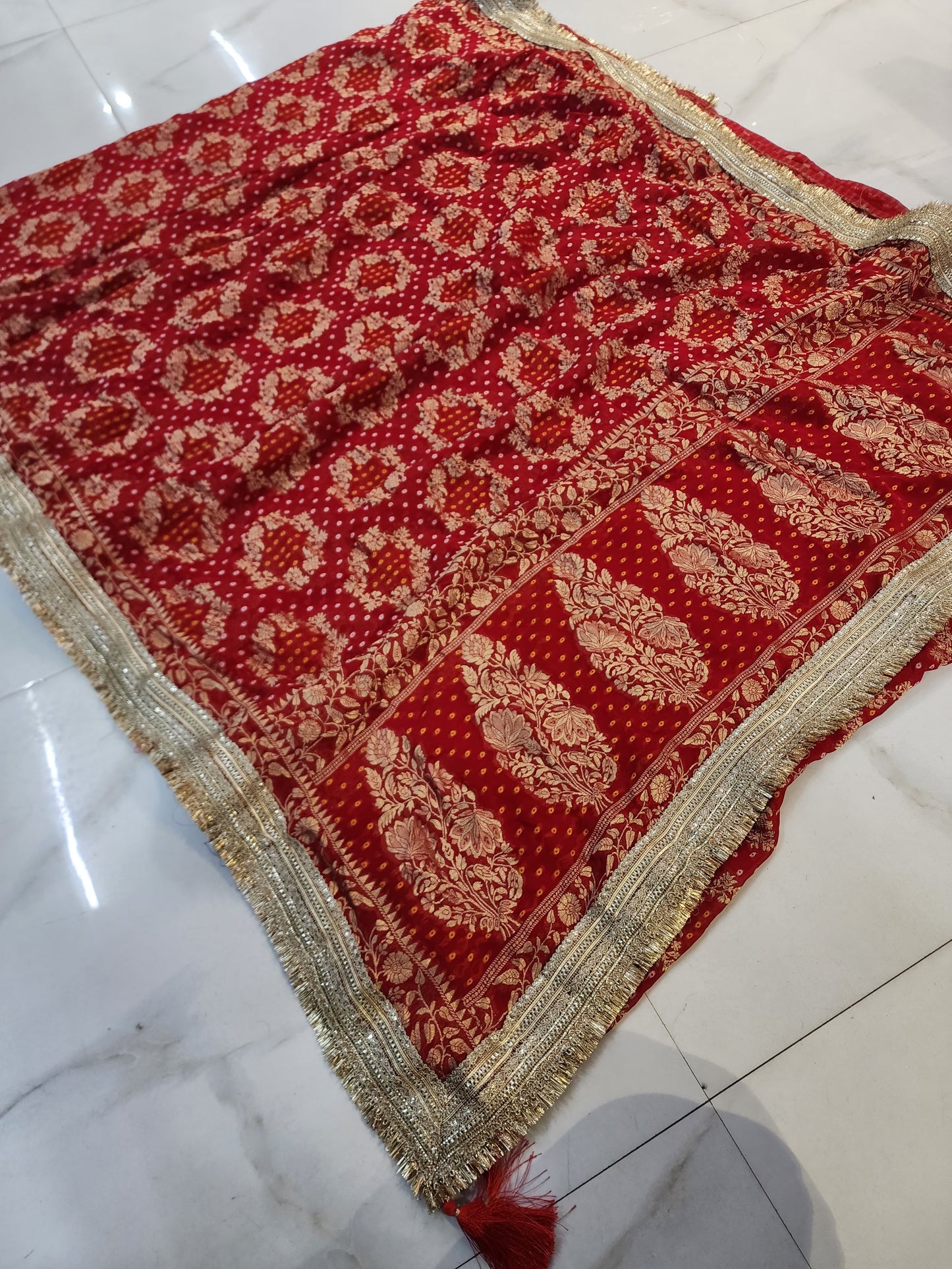 KHADI NEEM JARI GEORGETTE BHANDHANI ROOPGATHA BORDER SAREE BY SKFBHOLUBHAI