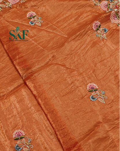 CRUSH TISSUE SIPPI SEQUENCE EMBROIDERY WORK ORANGE RUST SAREE BY SKFBHOLUBHAI