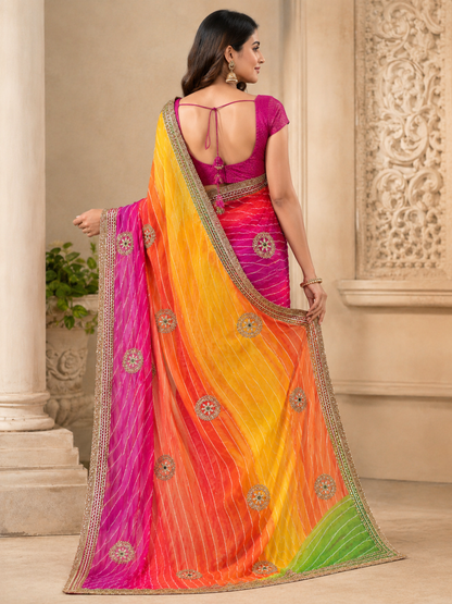RAJASTHANI PACHRANGA LAHARIYA SAREE CHINON CHIFFON FABRIC WITH KACCHA GOTA WORK BY SKFBHOLUBHAI