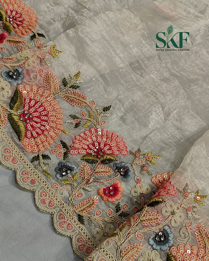 CRUSH TISSUE SIPPI SEQUENCE EMBROIDERY WORK IVORY SAREE BY SKFBHOLUBHAI