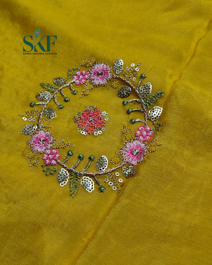 CHINON SEQUENCE EMBROIDERY WEAVING  WORK YELLOW SAREE BY SKFBHOLUBHAI