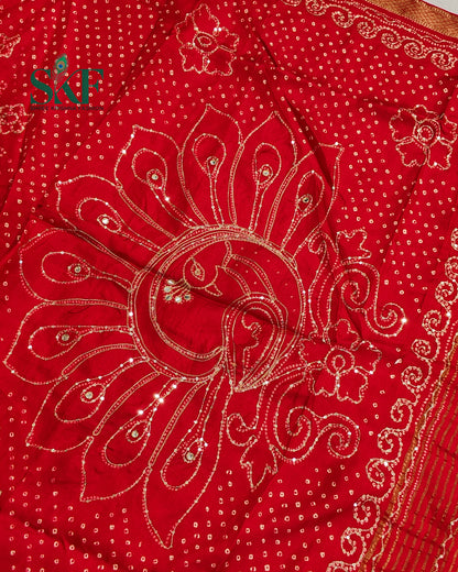 HO SILK BHANDHANI PEACOCK MOTIF AARI AND SEQUENCE WORK RED SAREE BY SKFBHOLUBHAI